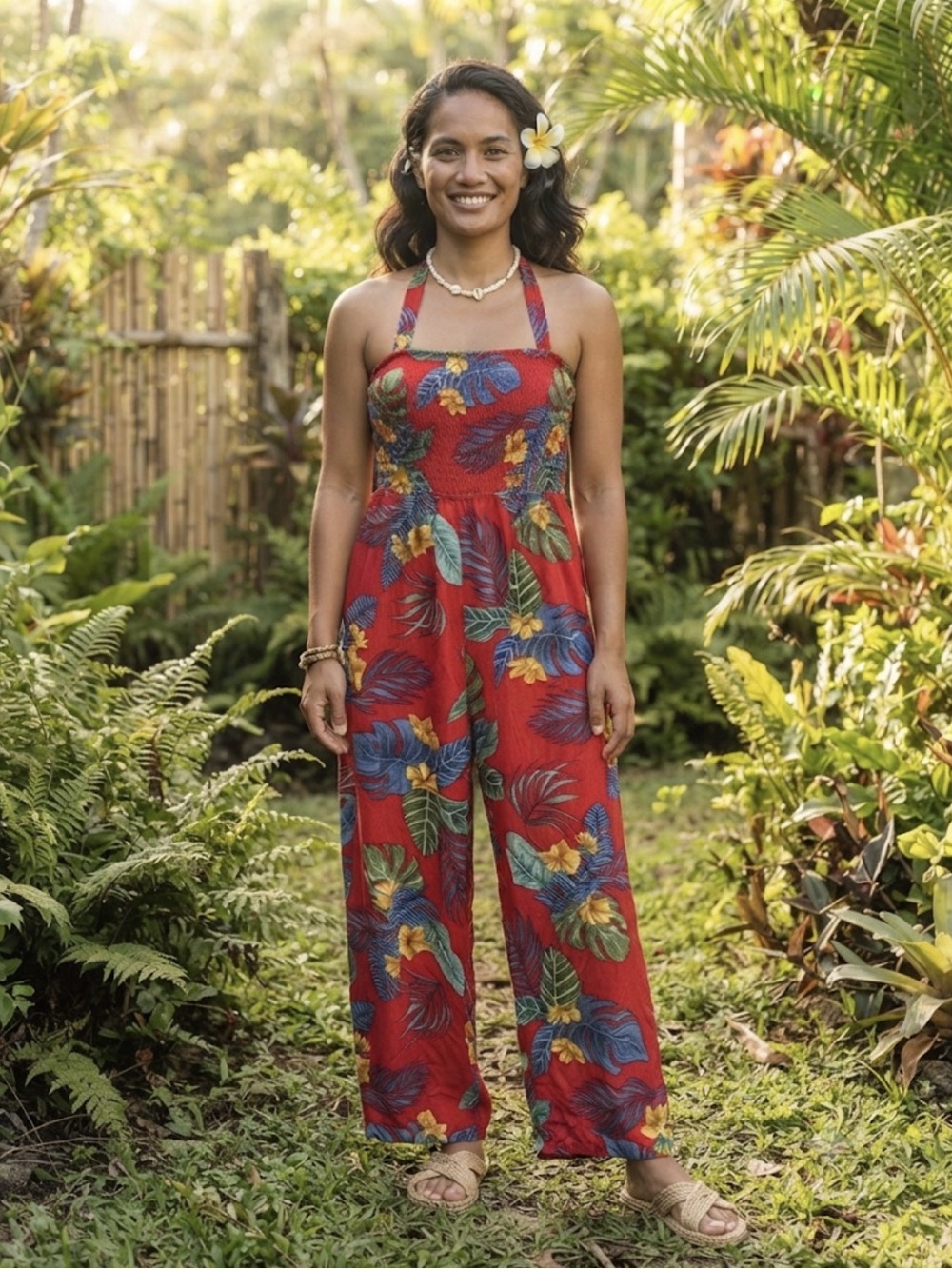 Pour Moi Red Tropical Floral Crop Wide Leg Beach Jumpsuit Size S/M